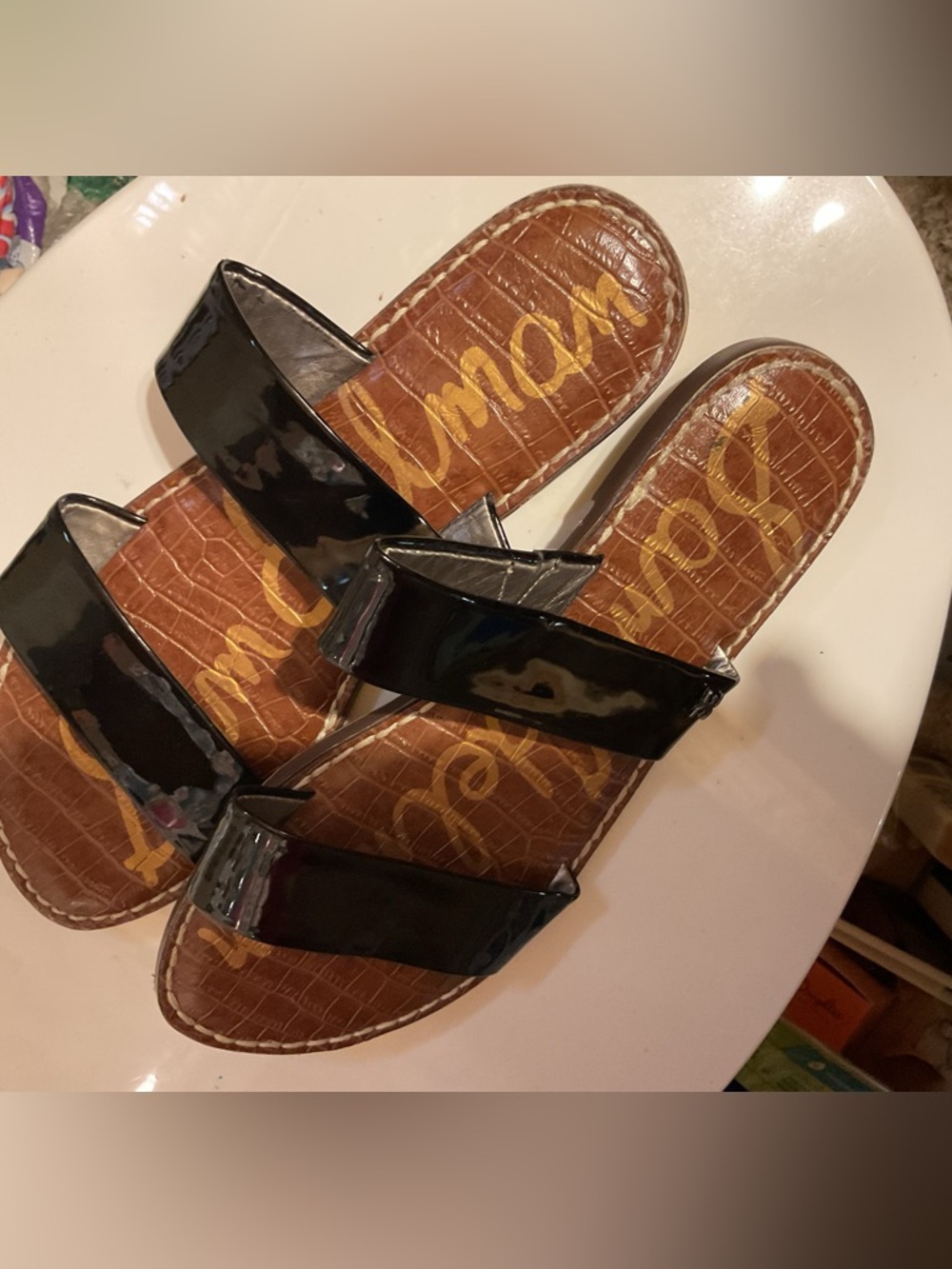 Sam Edelman Black Patent Double-Strap Slide Sandals with Brown Footbed